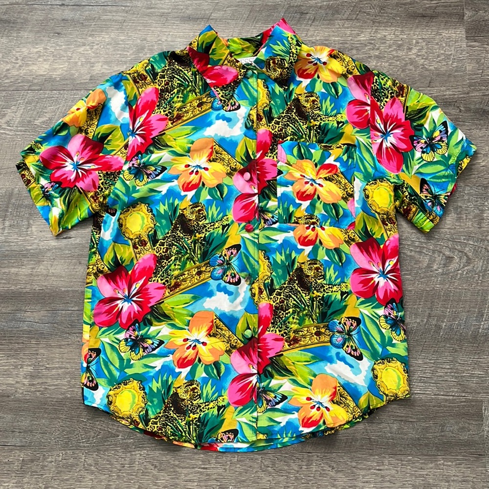 Vintage Tess Silk Button Up Tropical Animal Print Short Sleeve Size Medium